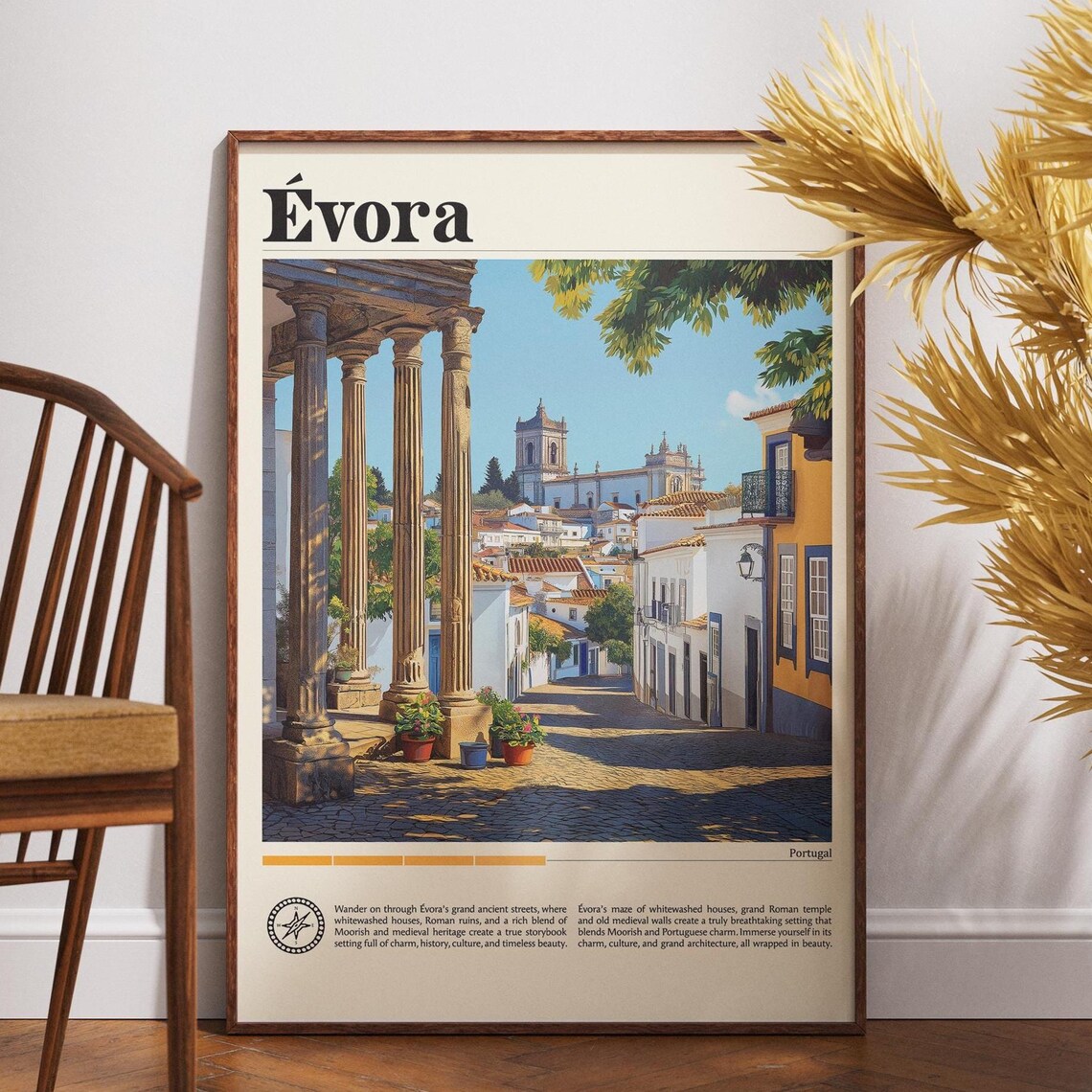 Evora Portugal Roman Temple Cobblestone Street Vintage Travel Poster