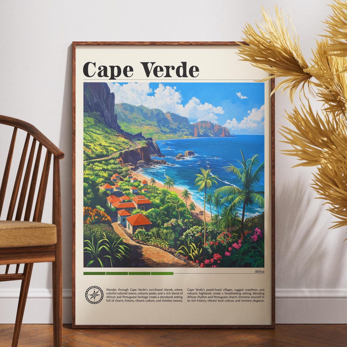 Cape Verde Travel Poster Cliffside Village Palm Beach Turquoise Coast