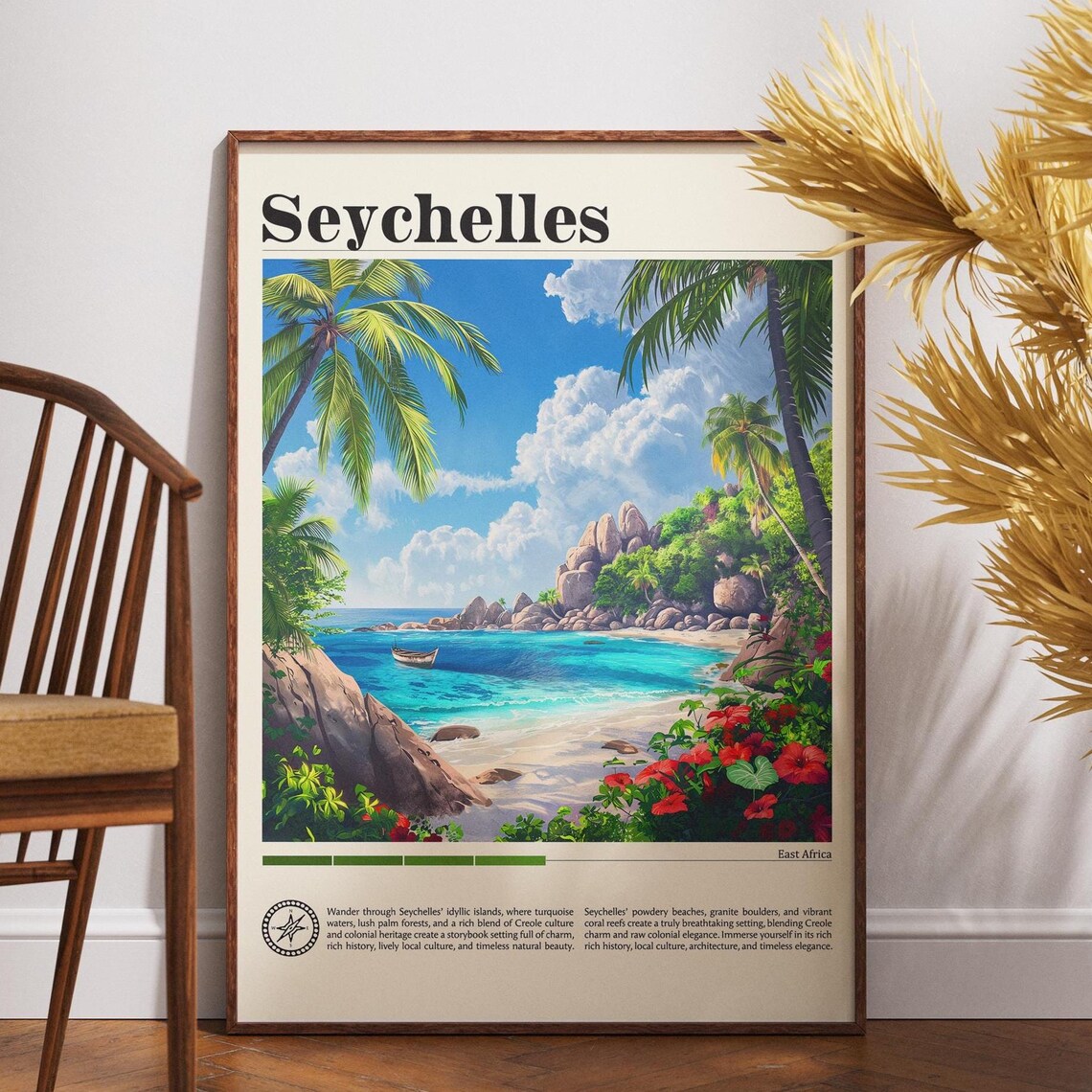 Seychelles East Africa Hibiscus Beach Cove Sailboat Travel Poster