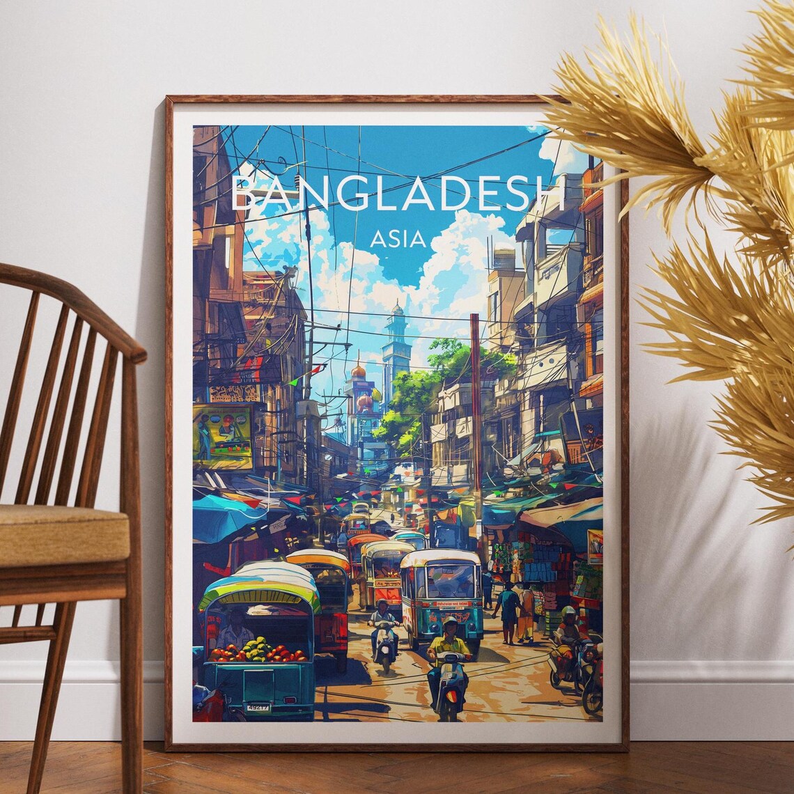 Bangladesh Asia Bustling Street Rickshaws Market Travel Poster