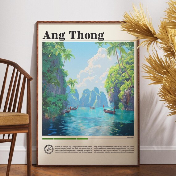 Ang Thong Thailand Lagoon Longtail Boats Island Retro Poster