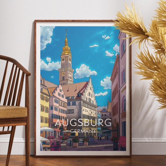 Augsburg Germany Old Town Travel Poster Tower Square Bavarian Decor