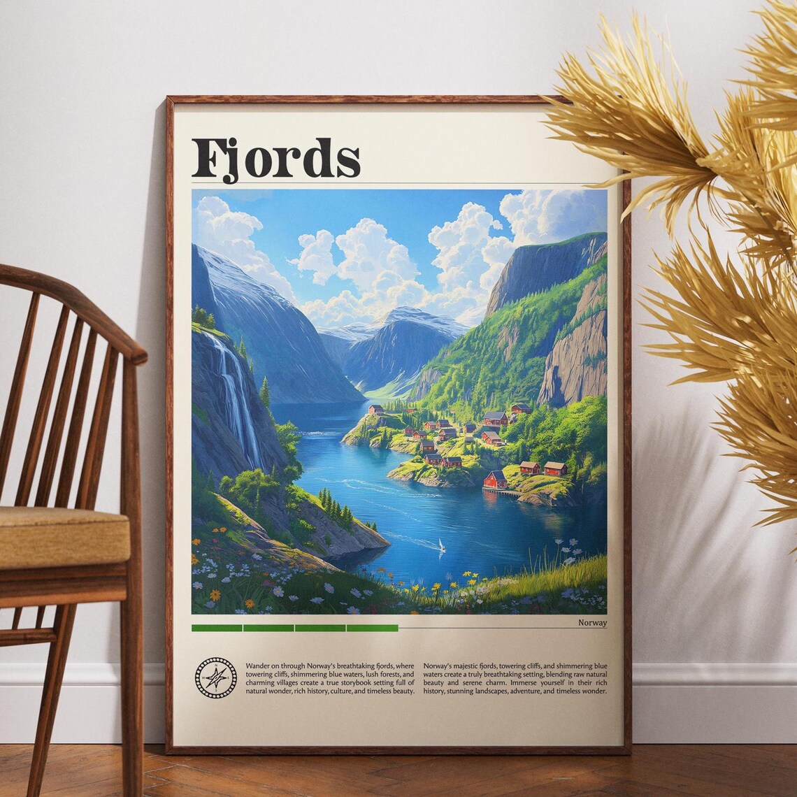 Norway Fjords Vintage Cliffs Waterfall Village Scenic Travel Poster