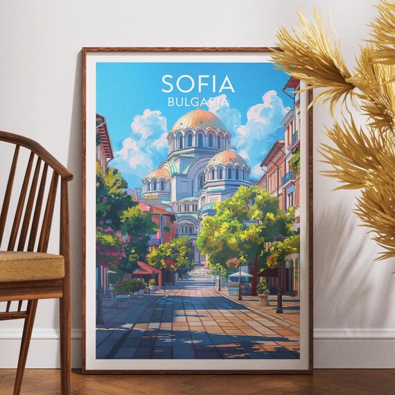 Sofia Bulgaria Vintage Travel Poster Golden Dome Cathedral Art