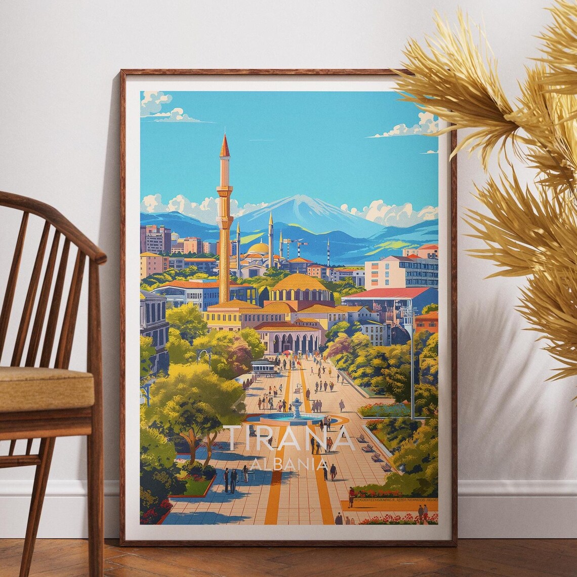 Tirana Albania Travel Poster City Square Mosque Mountain Art