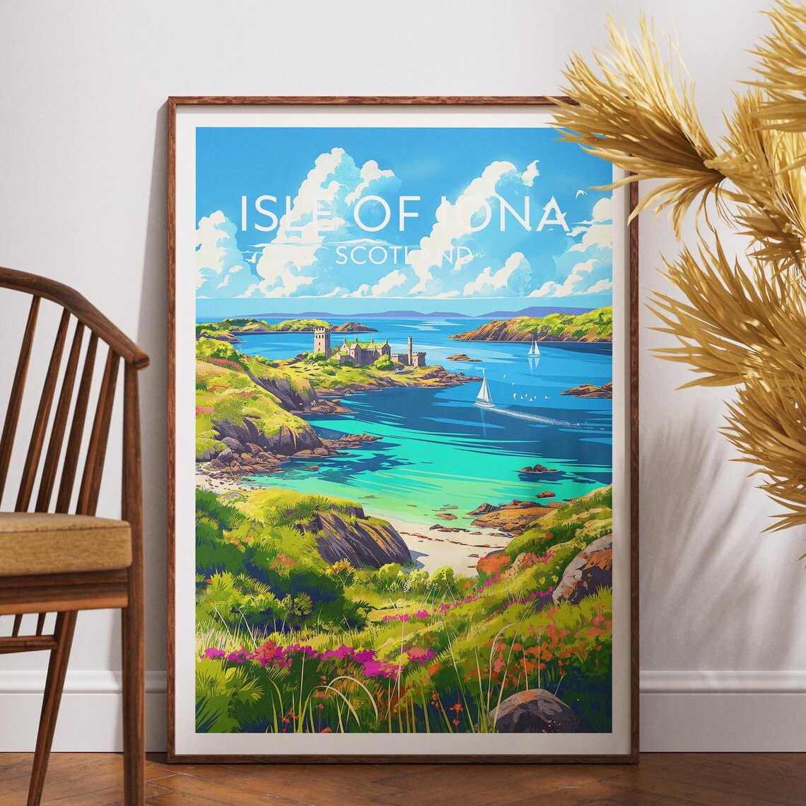 Isle of Iona Scotland Turquoise Bay Sailboats Travel Art Poster