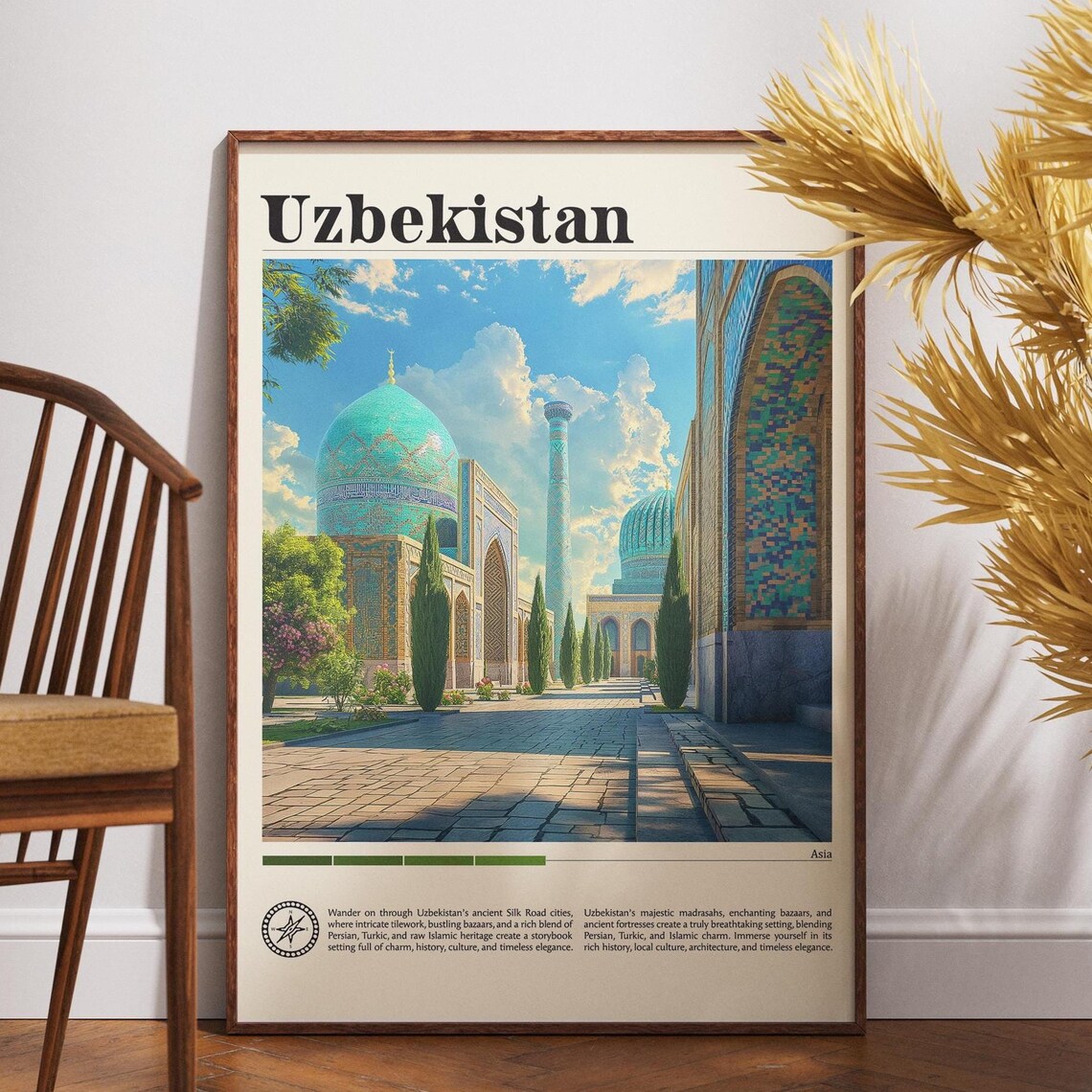 Uzbekistan Asia Silk Road Mosque Courtyard Vintage Travel Poster
