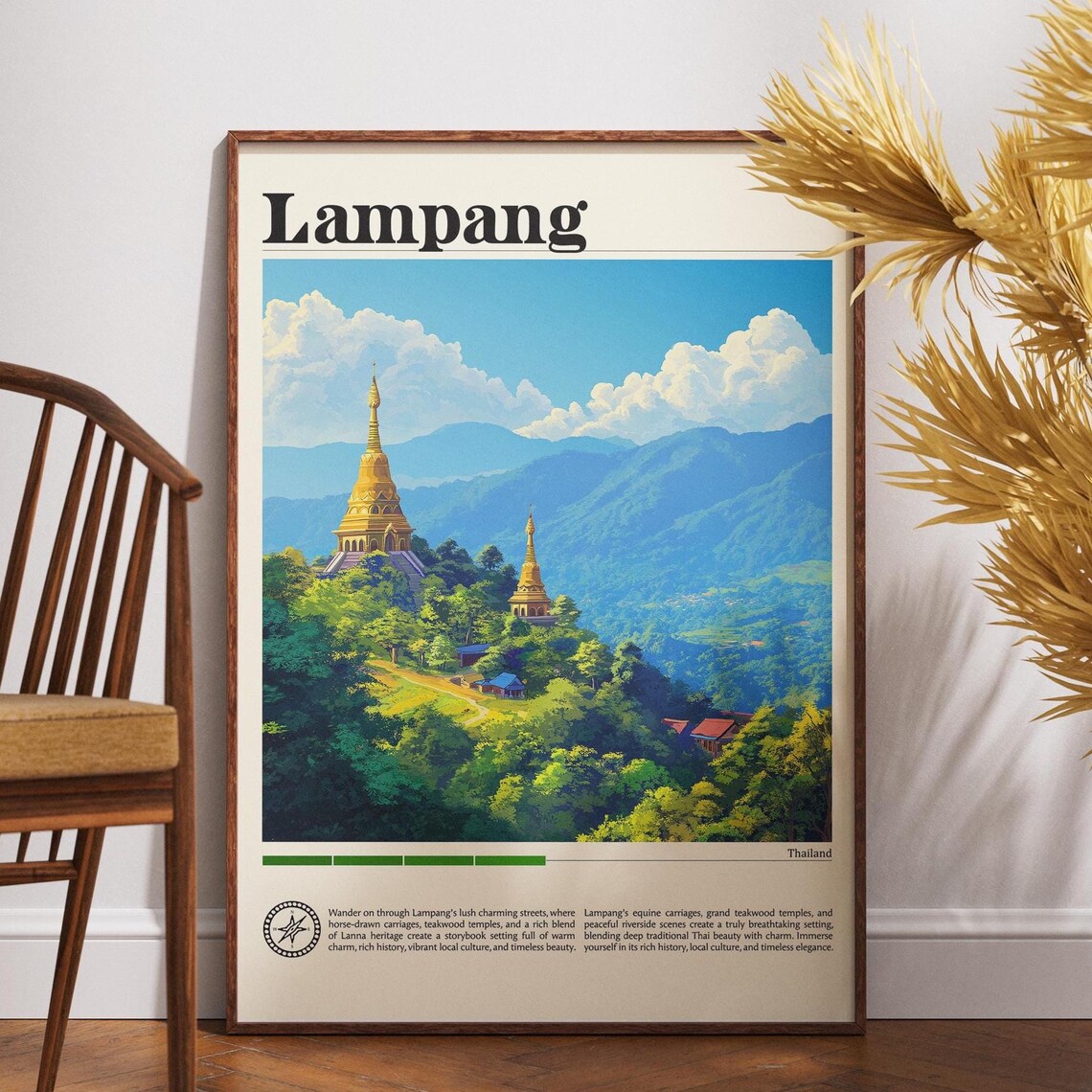 Lampang Thailand Travel Poster Golden Pagodas Green Mountains View