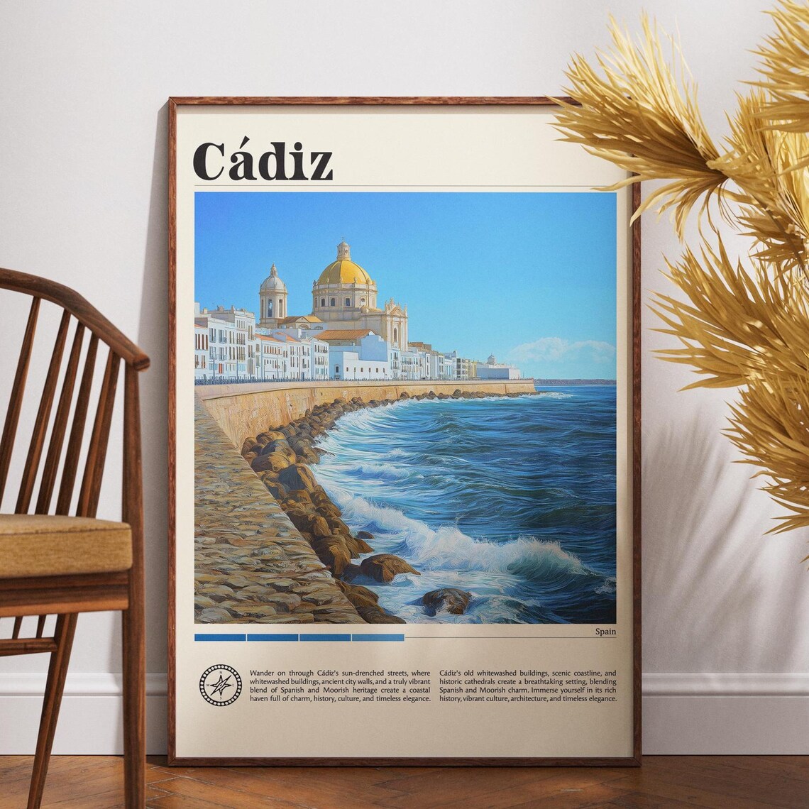 Cadiz Spain Golden Dome Cathedral Rocky Seawall Travel Poster