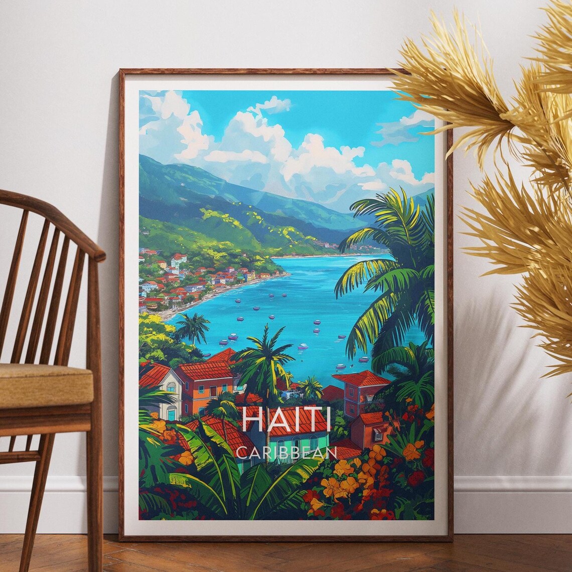 Haiti Caribbean Turquoise Bay Fishing Boats Colorful Travel Poster