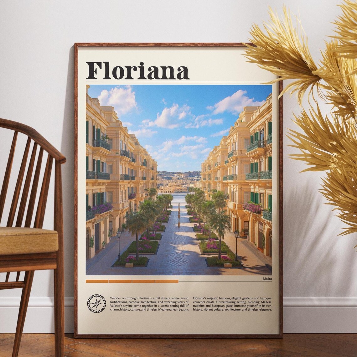 Floriana Malta Palm Promenade Harbor View Vintage Travel Poster