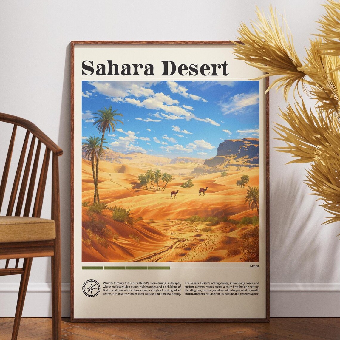 Sahara Desert Palms Camels Rolling Dunes Africa Vintage Travel Poster