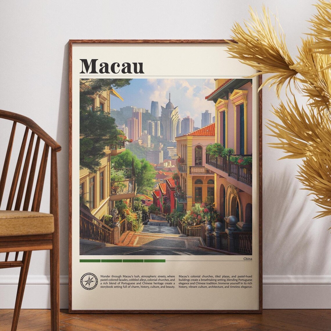 Macau China Colonial Hill Street Pastel Architecture Travel Poster