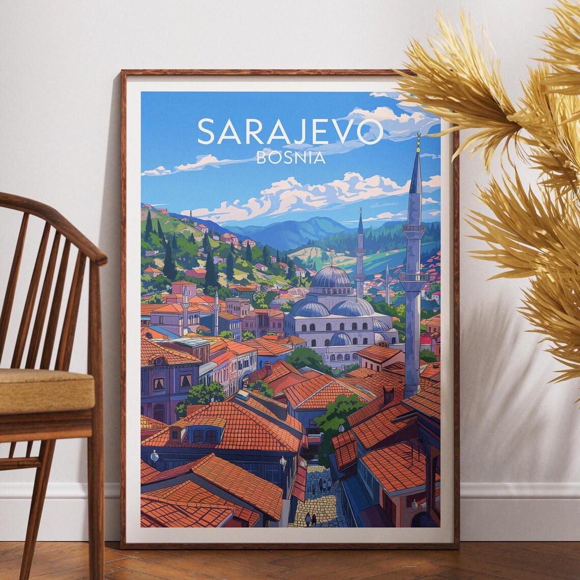 Bright Sarajevo Bosnia Colorful Travel Poster Old Town Mosques