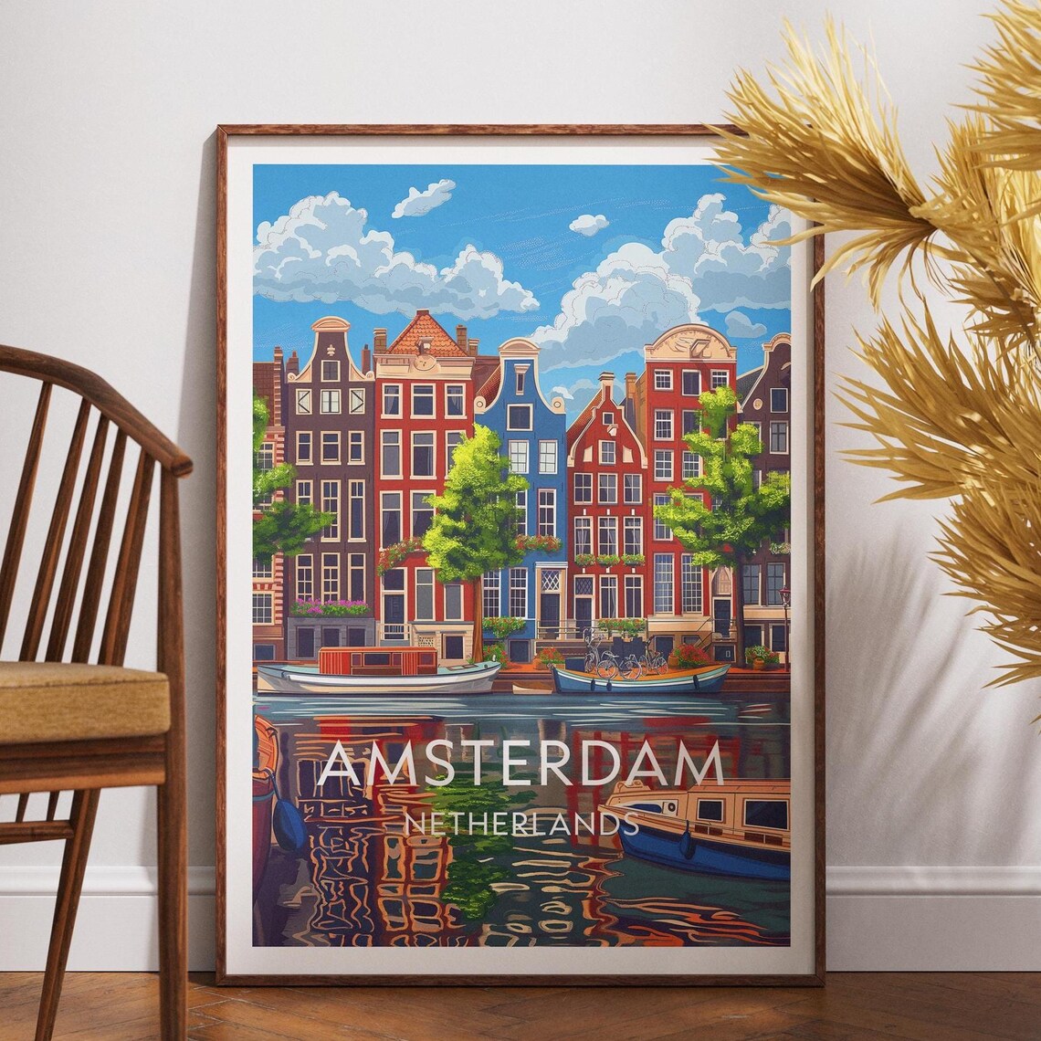 Amsterdam Netherlands Gabled Canal Houses Boats Travel Poster