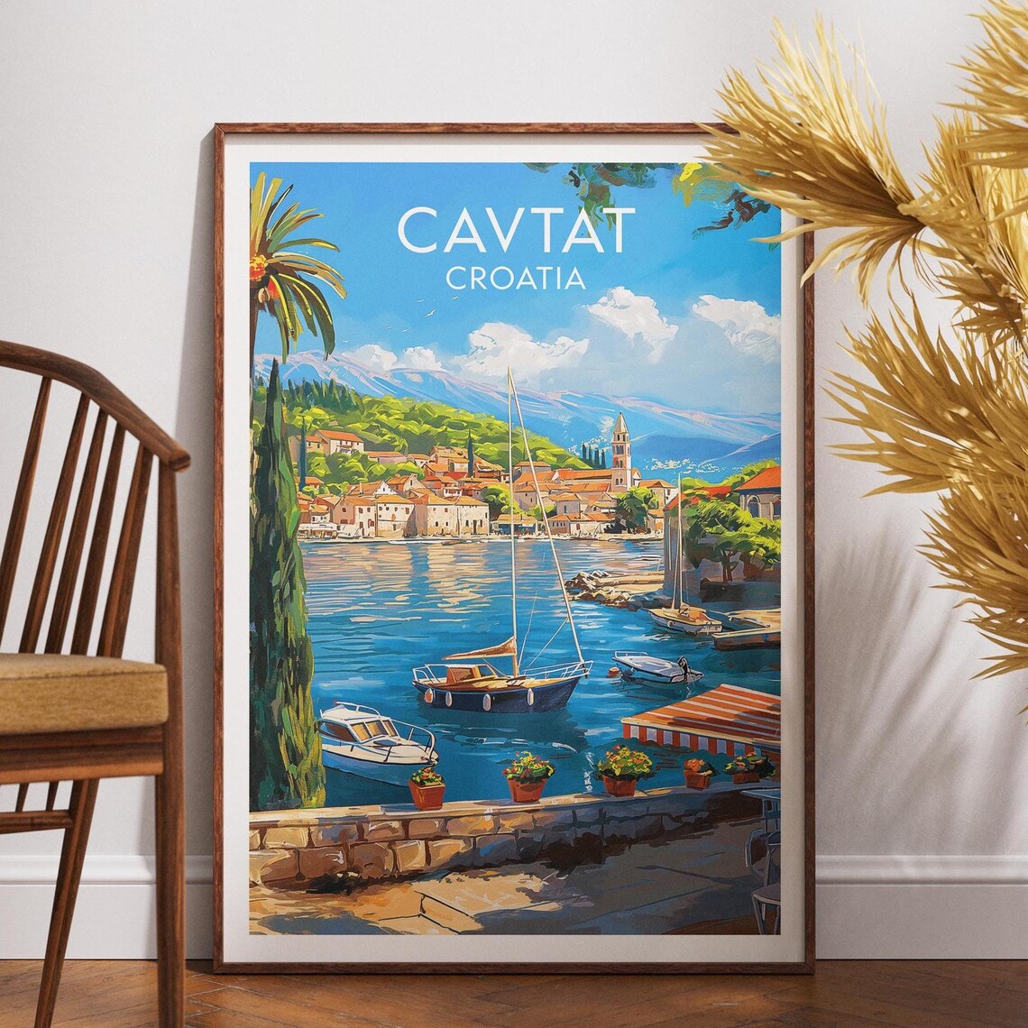 Cavtat Croatia Harbor Travel Poster Adriatic Sailboat Seaside Artwork