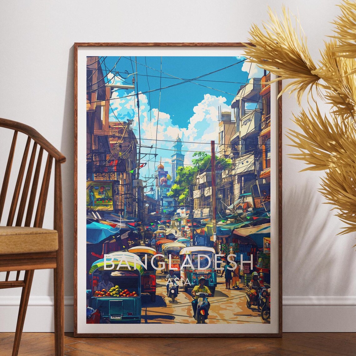 Bangladesh Bustling City Street Market Colorful Travel Poster