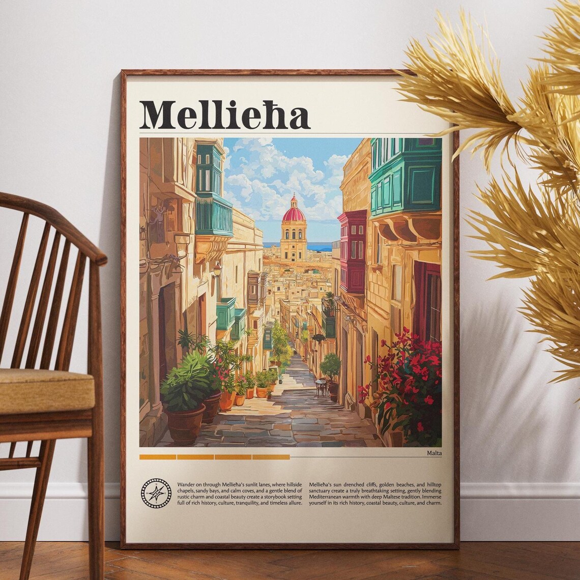 Mellieha Malta Old Town Street Balconies Vintage Travel Poster