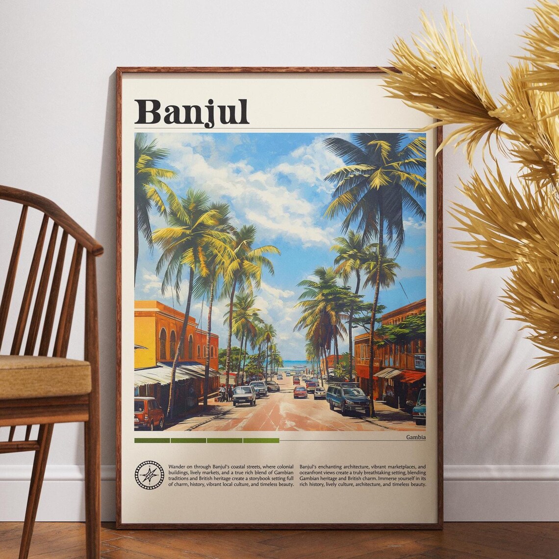 Vibrant Banjul Gambia Palm Lined Coastal Street Travel Poster
