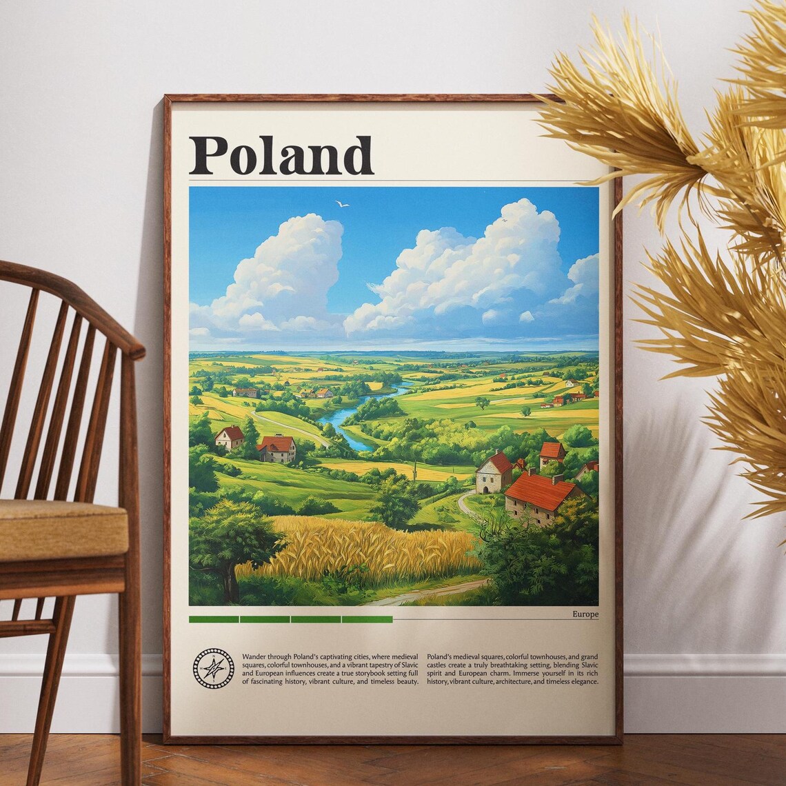 Poland Countryside Patchwork Farm Fields River Vintage Travel Poster