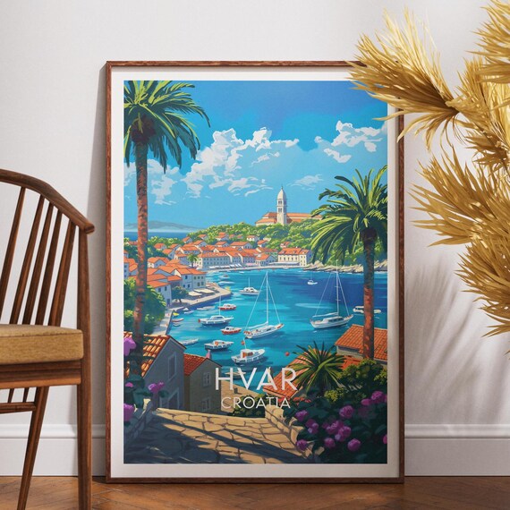 Hvar Croatia Harbour Sailboats Palm Trees Vintage Travel Art Poster