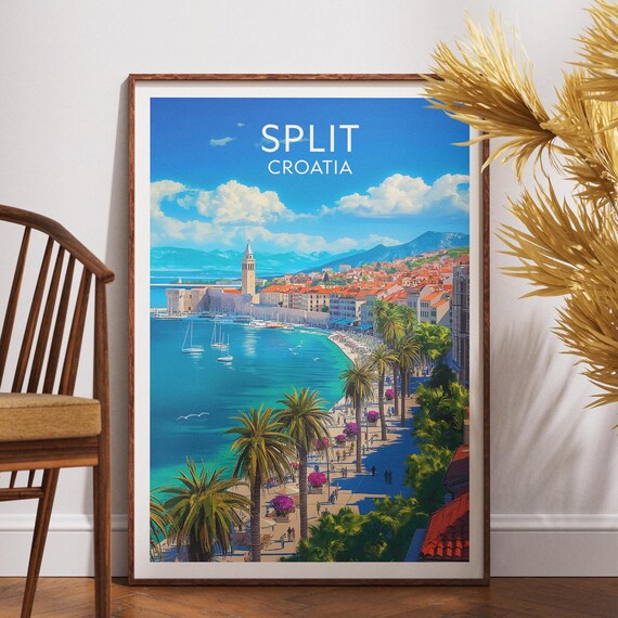 Split Croatia Travel Poster Palm Promenade Harbor Bell Tower Seaside