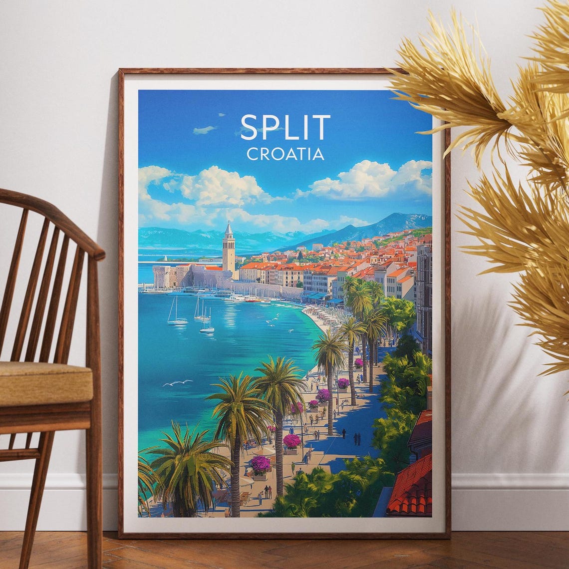 Split Croatia Travel Poster Palm Promenade Harbor Bell Tower Seaside