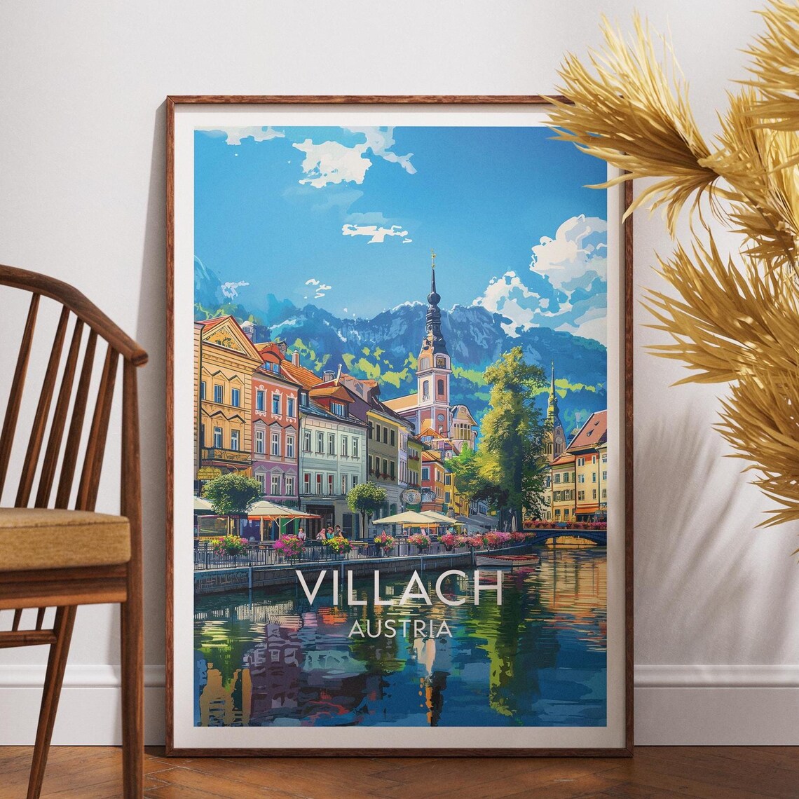 Villach Austria Riverfront Old Town Alpine Backdrop Travel Poster