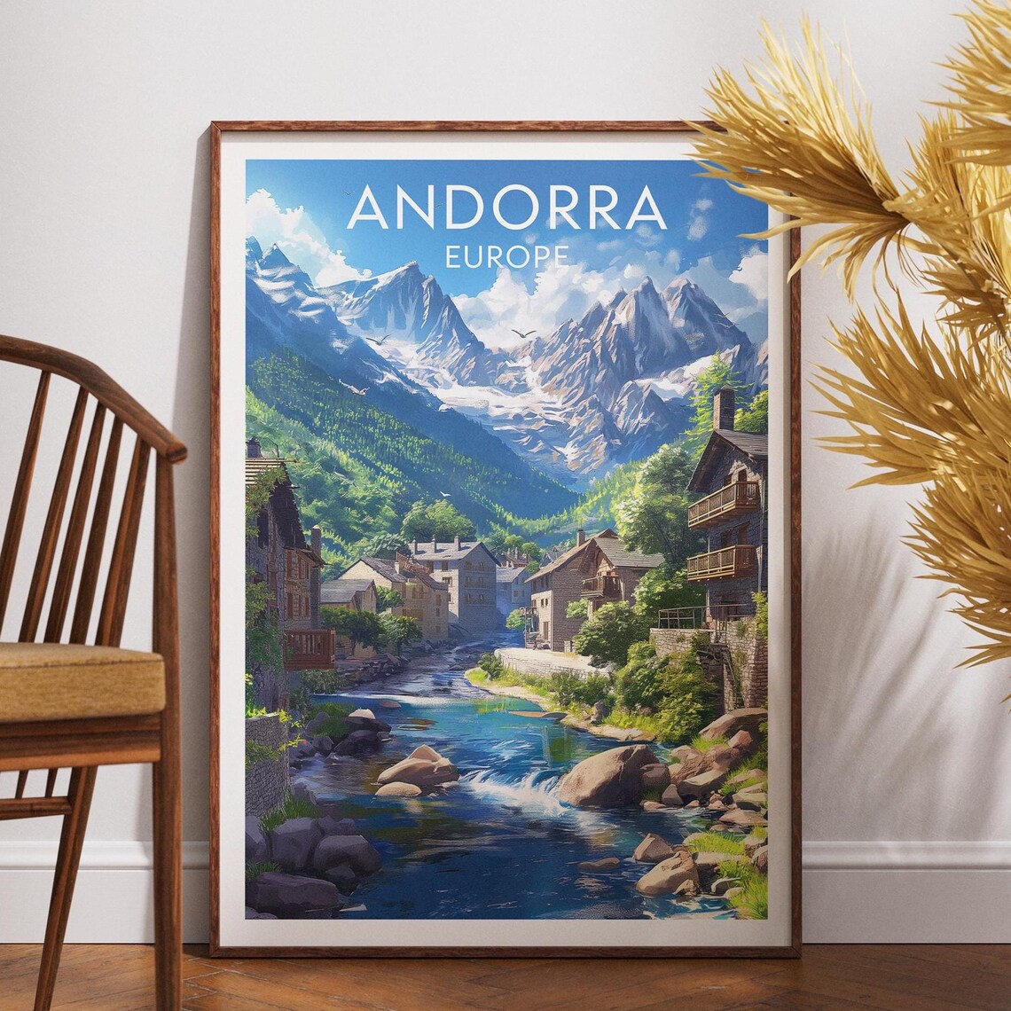 Andorra Europe Mountain Village River Vintage Style Travel Poster