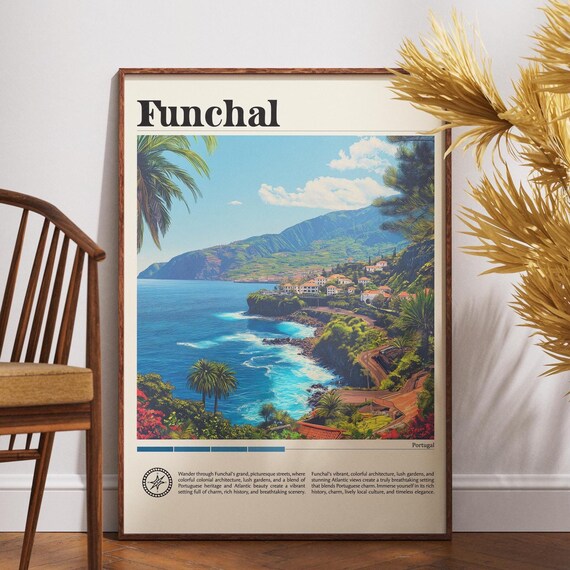 Funchal Portugal Madeira Coastal Town Vintage Travel Art Poster
