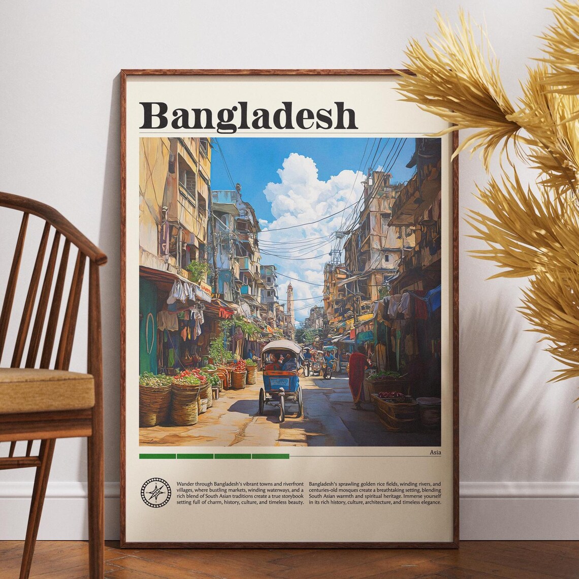 Bangladesh Travel Poster Vibrant Street Market Rickshaw Scene