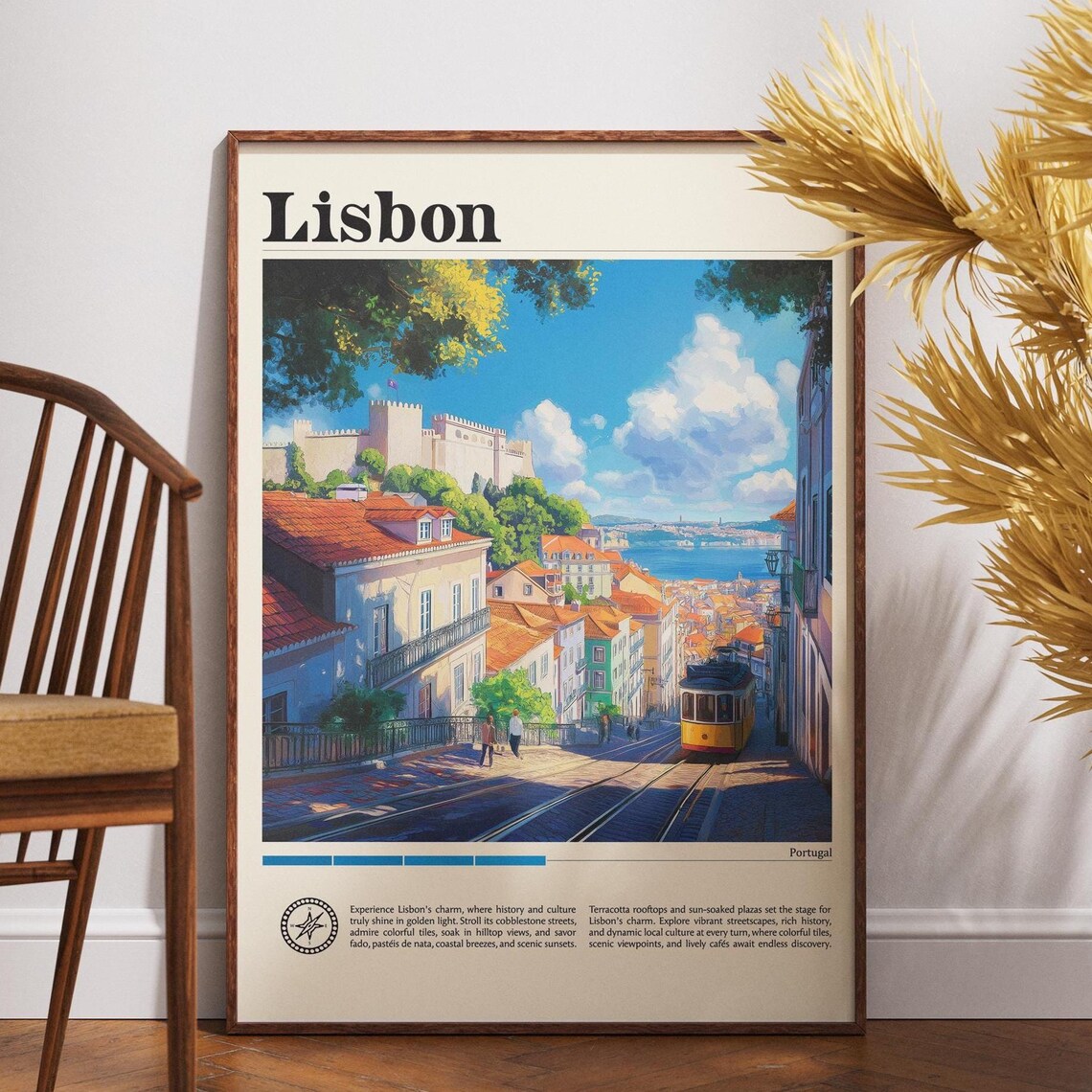 Lisbon Portugal Yellow Tram Castle View Rooftops Travel Art Poster