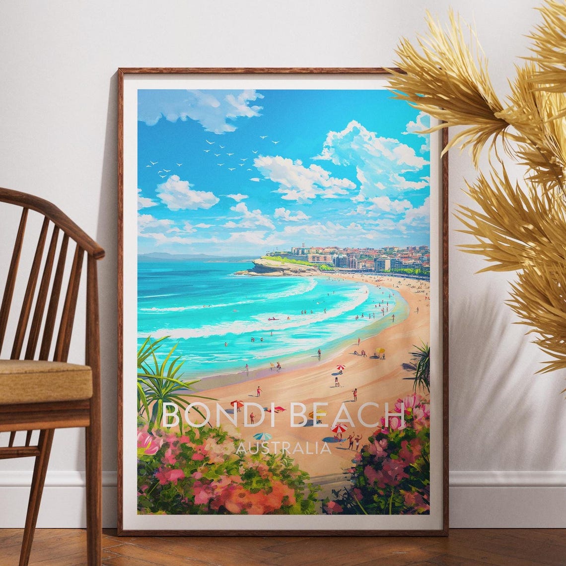 Bondi Beach Australia Coastal Poster with Curved Sandy Shore Artwork
