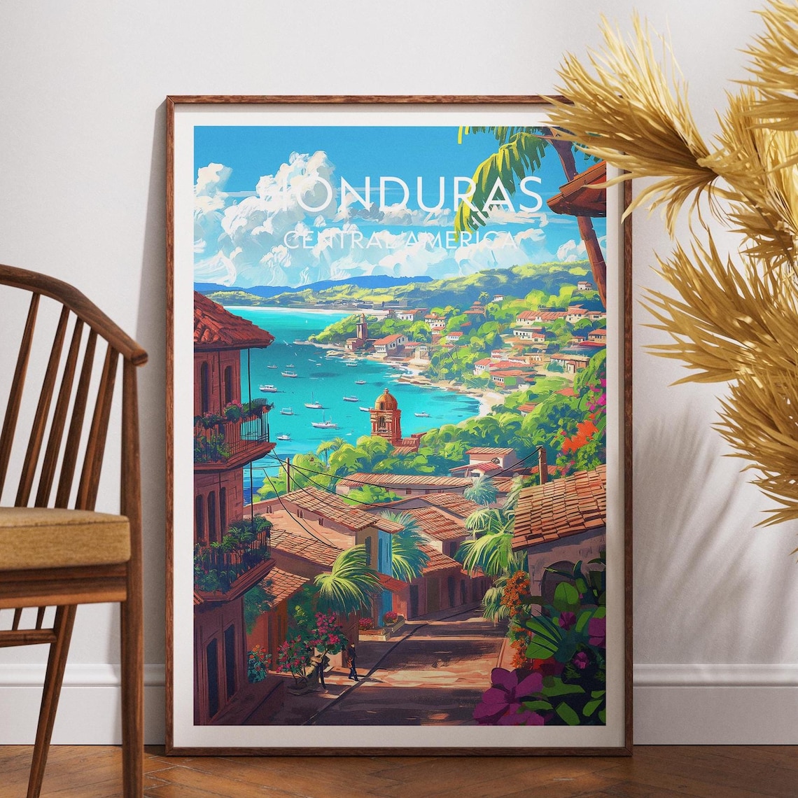 Honduras Coastal Town Street Bay Boats Scenic View Travel Poster