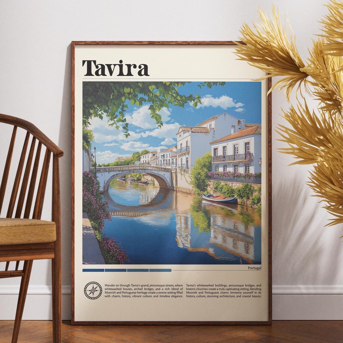 Tavira Portugal Riverside Arched Bridge Whitewashed Town Travel Poster