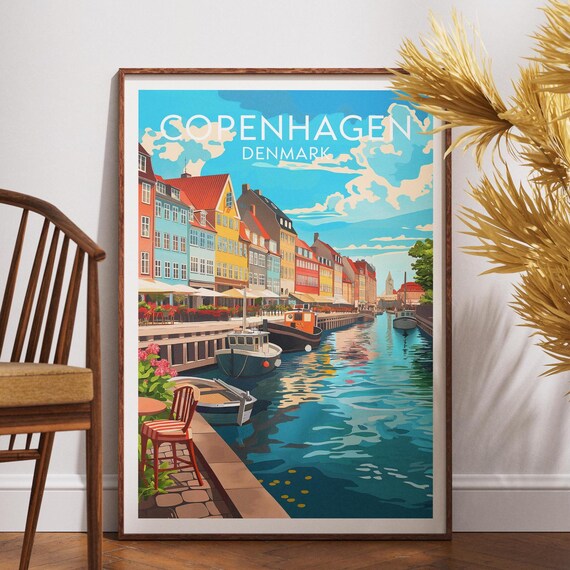 Copenhagen Denmark Nyhavn Waterfront Boats Vintage Travel Poster