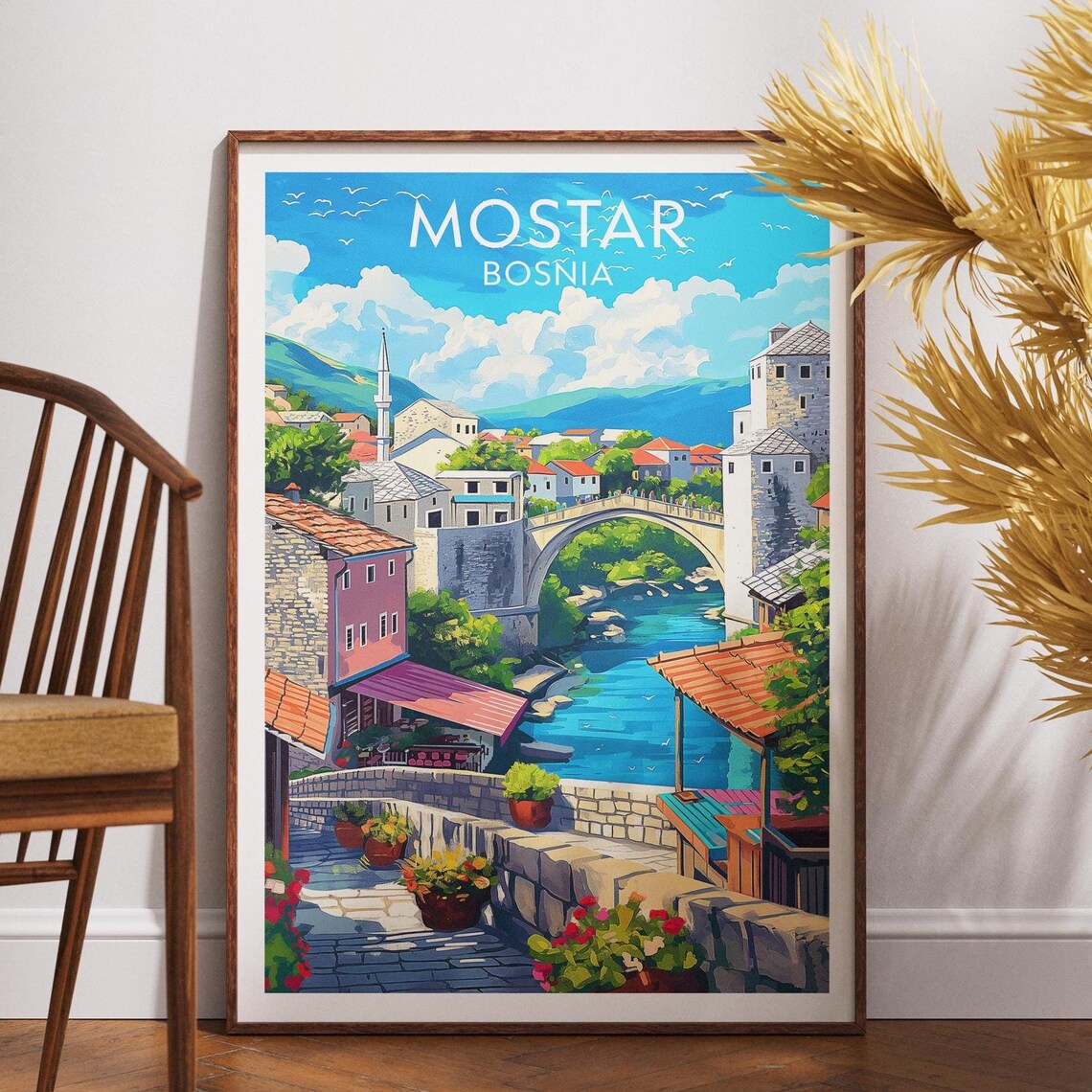 Mostar Bosnia Vintage Travel Poster Old Bridge Riverside Town