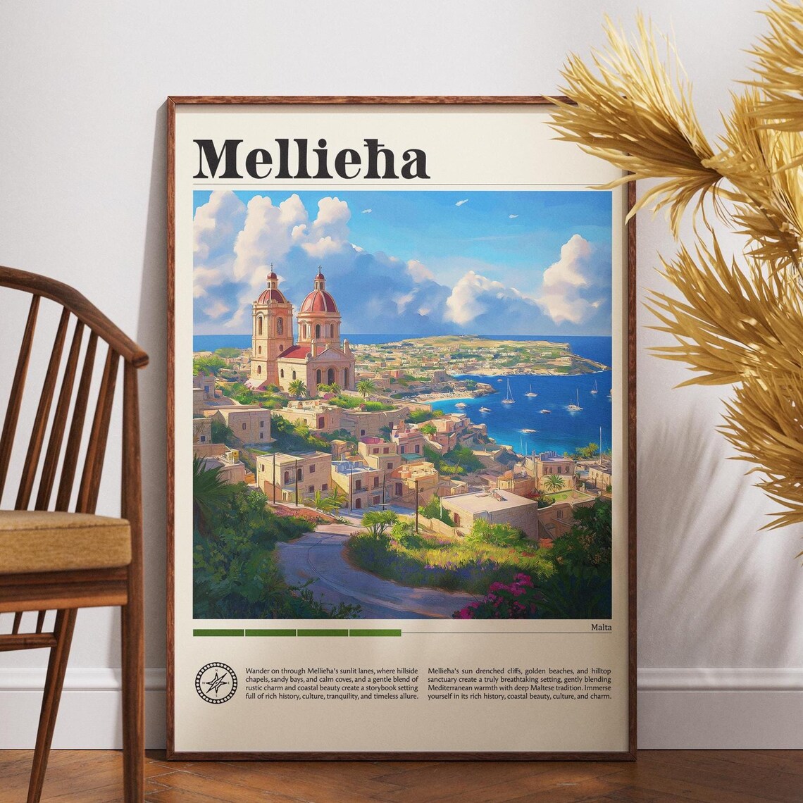 Mellieha Malta Hilltop Church Bay View Vintage Travel Poster