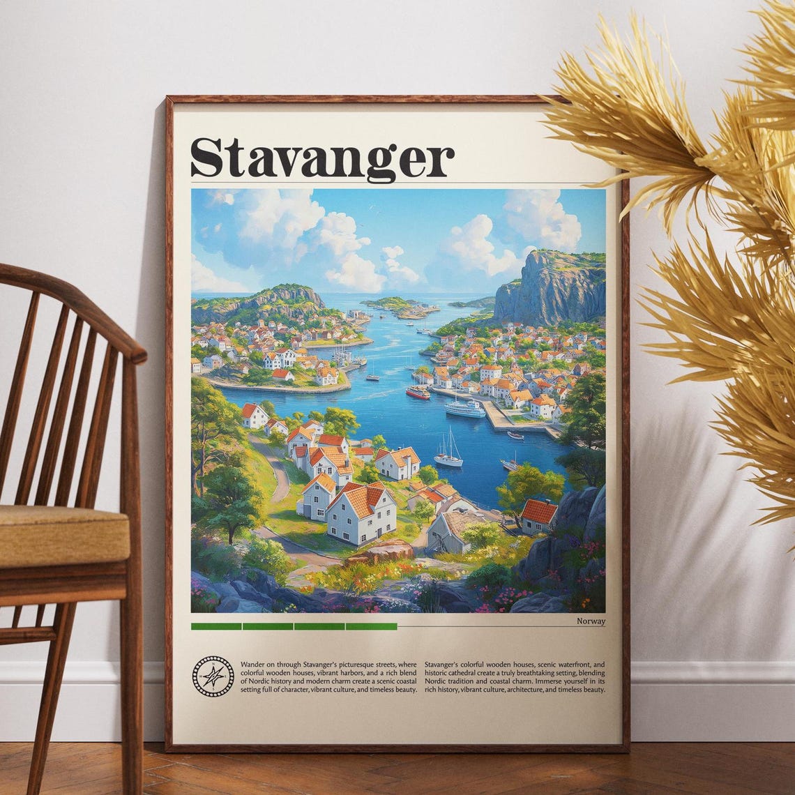 Stavanger Norway Harbor Town White Houses Cliffs Vintage Travel Poster