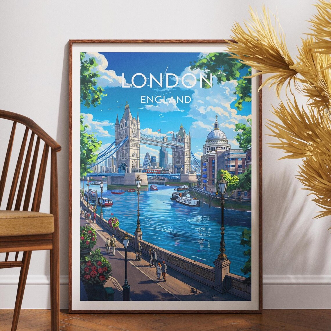 London England Tower Bridge Thames Top Title Travel Poster Art