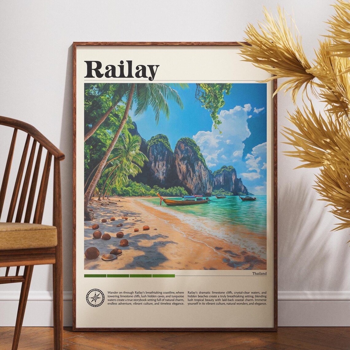Railay Thailand Longtail Boat Tropical Beach Palms Retro Travel Poster
