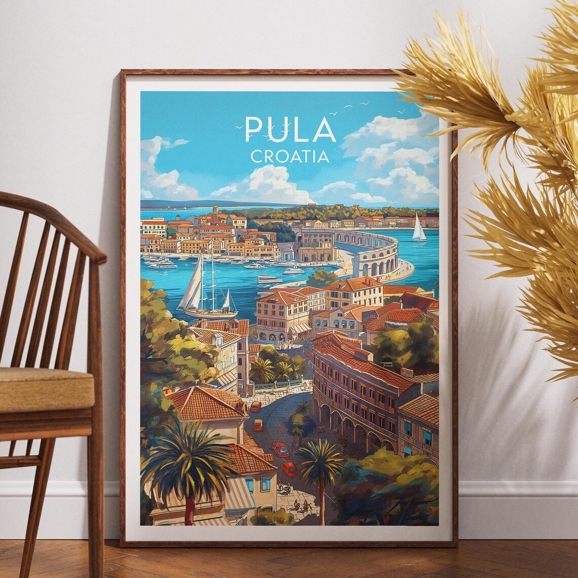 Pula Croatia Travel Poster Roman Amphitheater Harbor Old Town Art