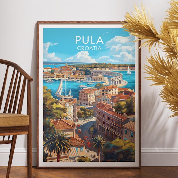 Pula Croatia Travel Poster Roman Amphitheater Harbor Old Town Art