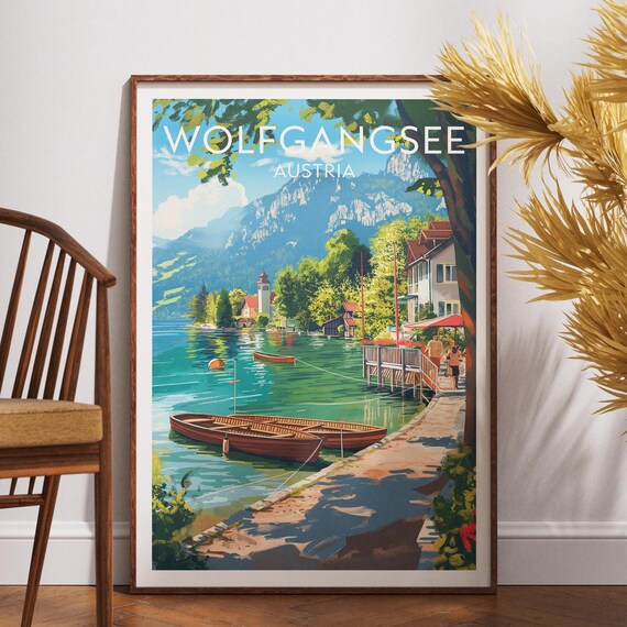 Wolfgangsee Austria Lake Village Wooden Boats Scenic Travel Poster