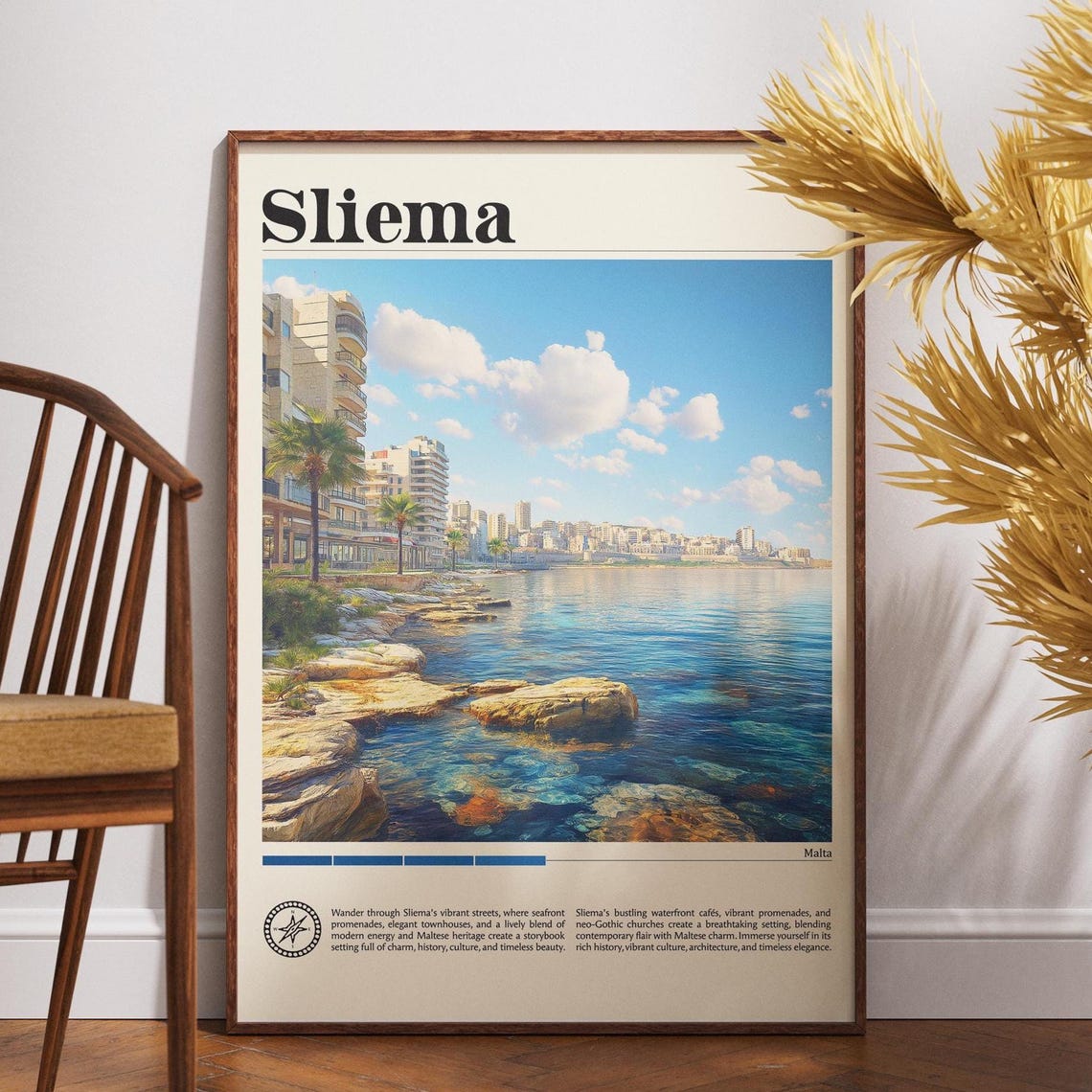 Sliema Malta Waterfront Rocky Shore Promenade Sunny Bay Travel Poster