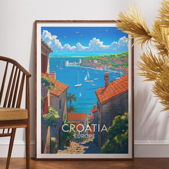 Croatia Europe Coastal Village Rooftops Vintage Travel Poster