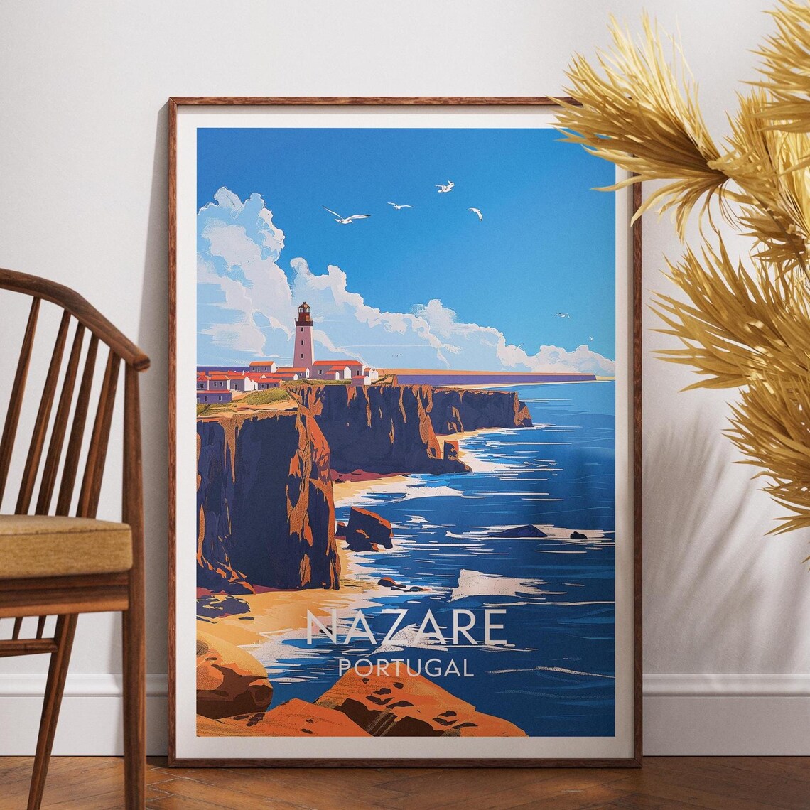 Nazare Portugal Lighthouse Cliffs Atlantic Coast Travel Poster