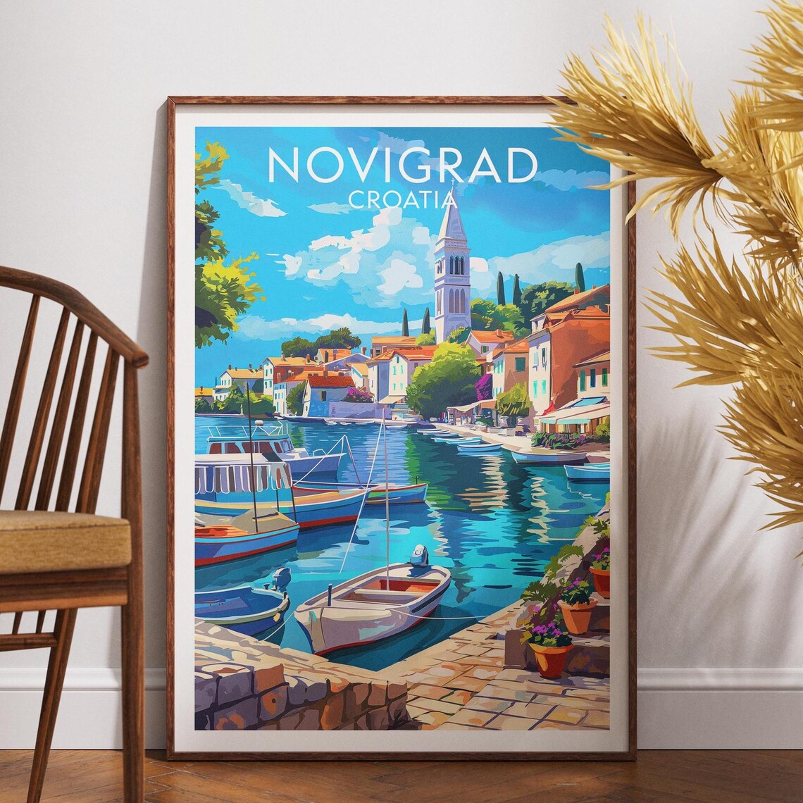 Novigrad Croatia Travel Poster Harbor Boats Bell Tower Seaside Art