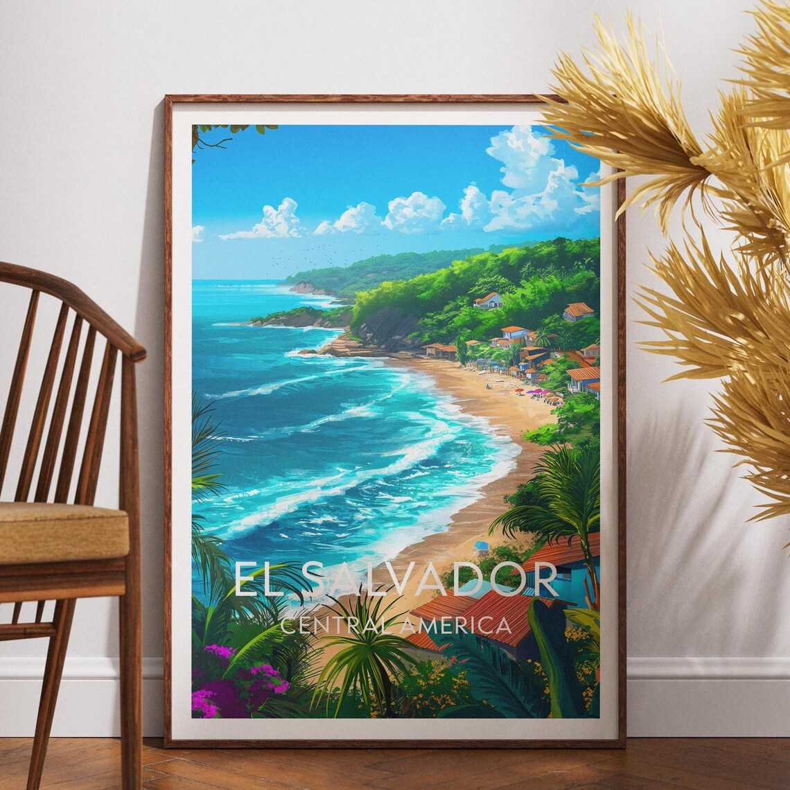 El Salvador Tropical Beach Coast Turquoise Waves Travel Poster