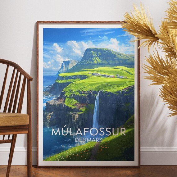 Mulafossur Denmark Faroe Islands Waterfall Cliffs Travel Poster